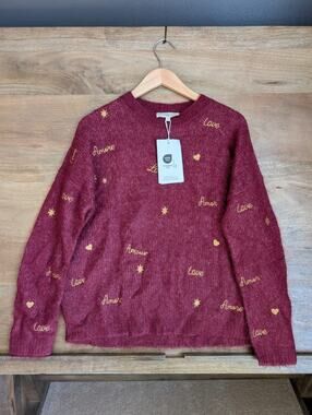 La Maille Sezane Hope Jumper Womens S Burgandy Gold Embroidered Wool Blend NWT